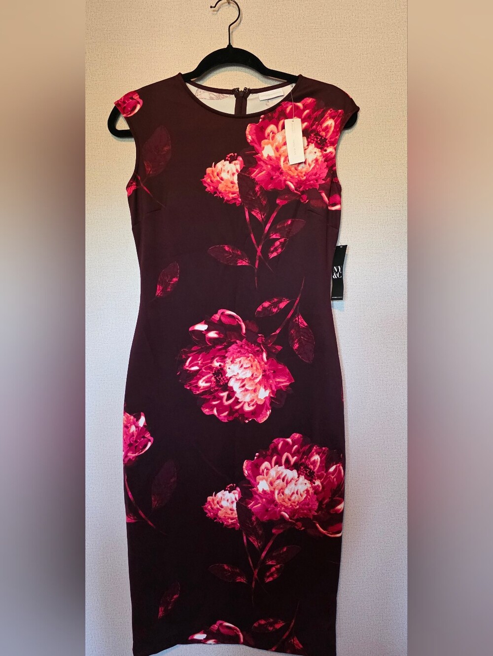 New York & Company Burgundy Midi Dress with Pink Floral Print - Picture 2 of 4